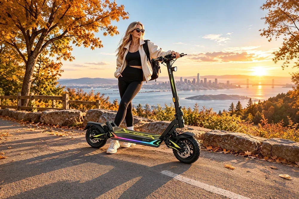 Woman leaning on stylish RGB decorated folding electric scooter at hilltop overlook, autumn maple trees, sunset bay and city skyline view, leisure ride