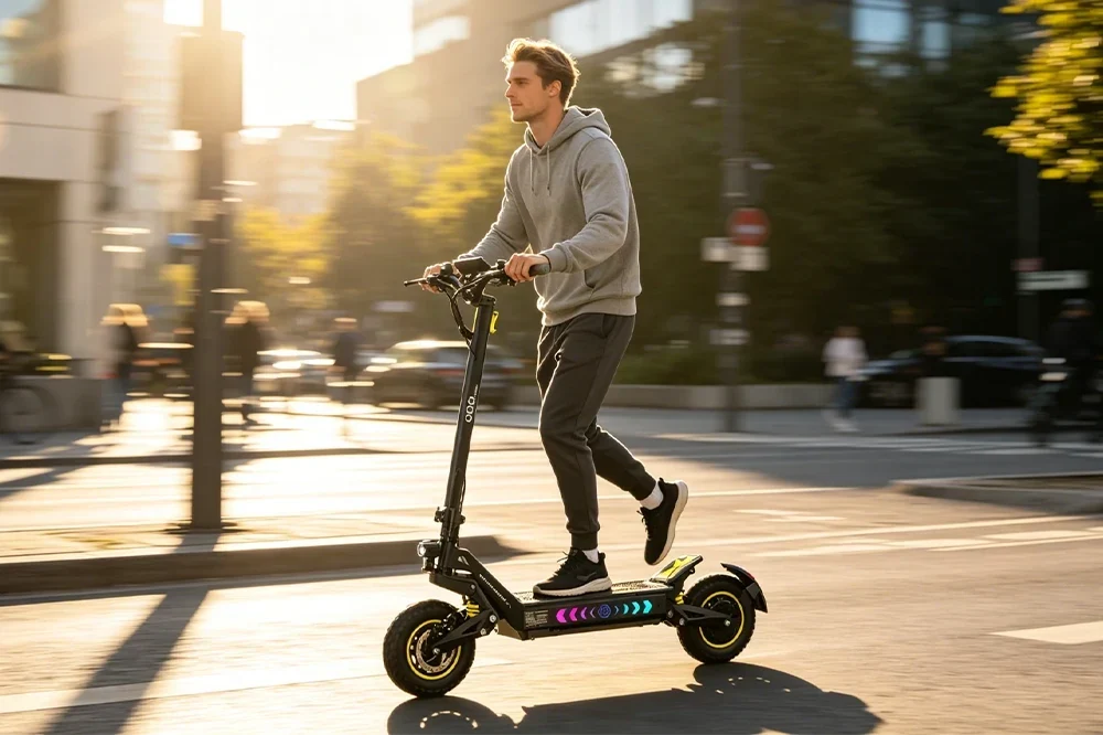 Young man riding powerful dual motor off‑road electric scooter on urban city street at golden sunset, daily commuting mobility scene