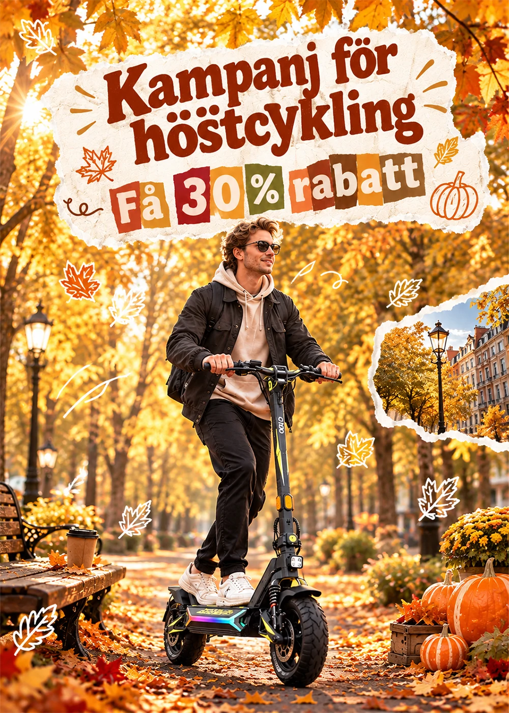 Vertical Swedish autumn sale mobile slideshow "Kampanj för höstcykling Få 30% rabatt", man in brown jacket riding black off-road electric scooter with colorful RGB light strip through golden autumn park, pumpkins and maple leaves on ground, coffee cup on wooden bench, small European street photo inset, warm sunset lighting, e-scooter seasonal promotion