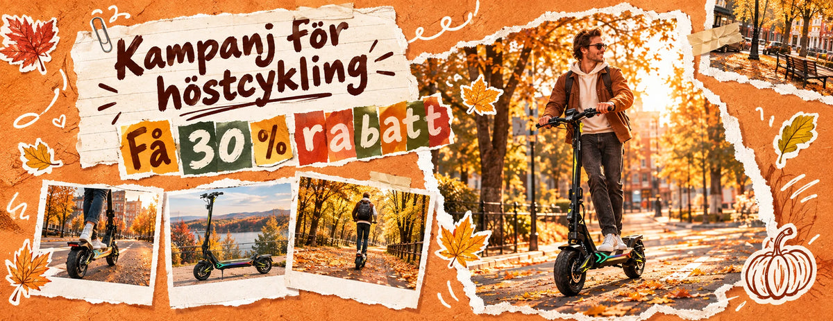 Scrapbook style Swedish autumn sale homepage banner "Kampanj för höstcykling Få 30% rabatt", man riding black off-road electric scooter with RGB light deck on golden autumn city park path, three polaroid inset photos of scooter riding scenes, torn paper texture, maple leaf and pumpkin decorations, e-scooter fall promotion campaign