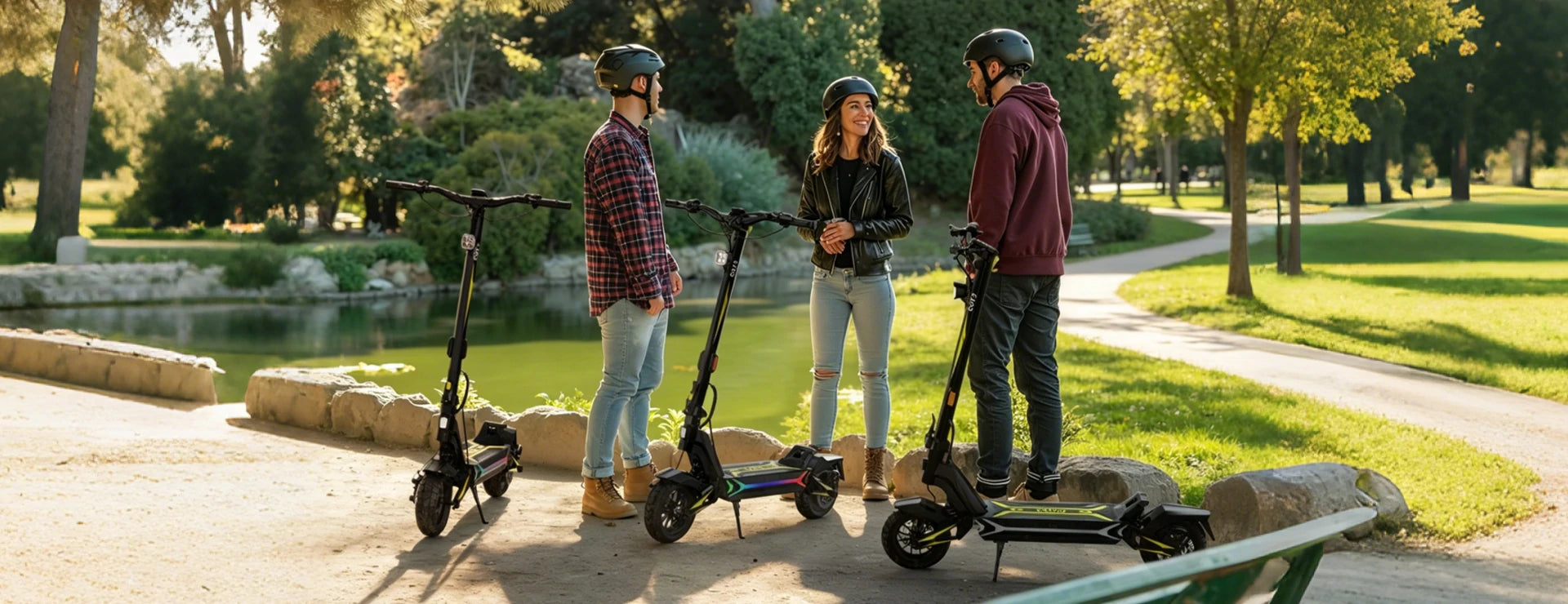 Three people with OOTD SR1 electric scooters by a park lake, showcasing the SR1's stylish black design with colorful LED deck lights and yellow accents, ideal for urban commuting and outdoor adventures