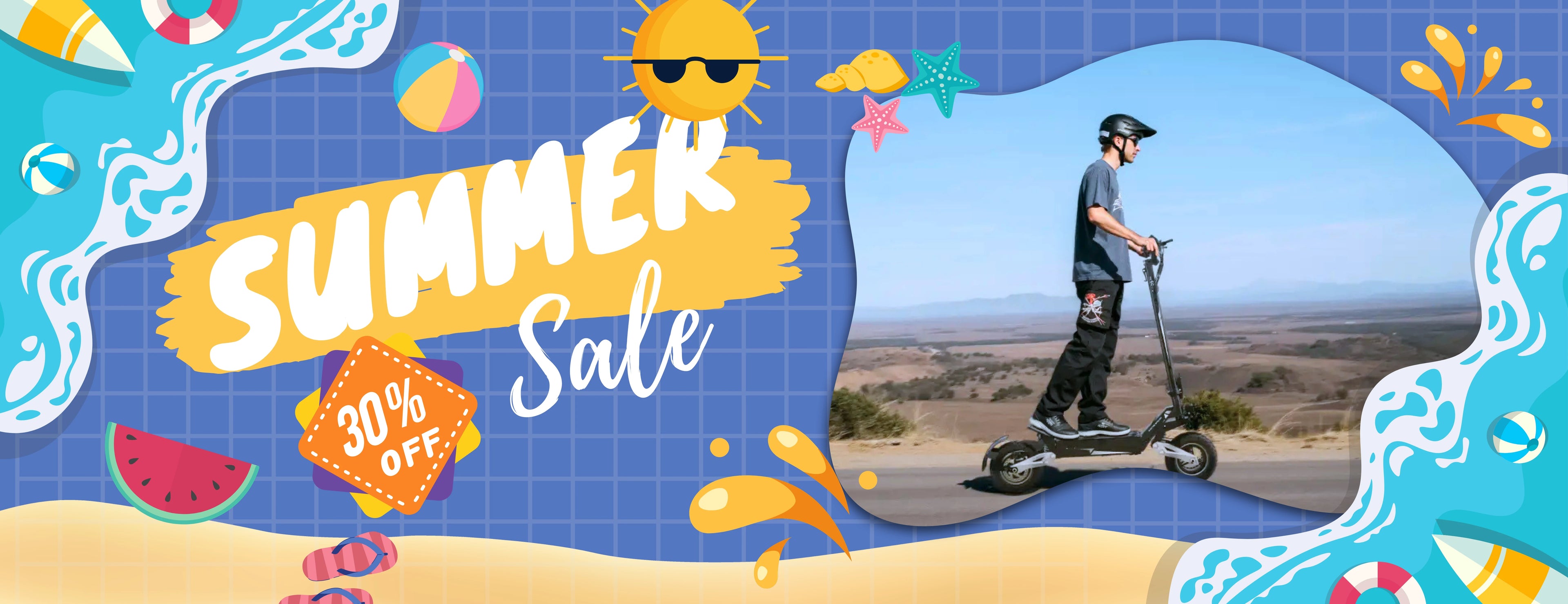OOTD T10 electric scooter summer sale banner, 30% off outdoor commuting