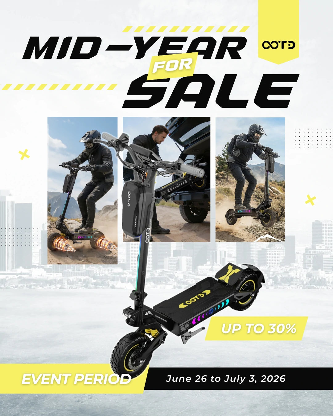 Vertical mid-year sale poster for OOTD off-road electric scooter with RGB light deck, save up to 30%, mountain riding lifestyle collage photos, yellow accent geometric design