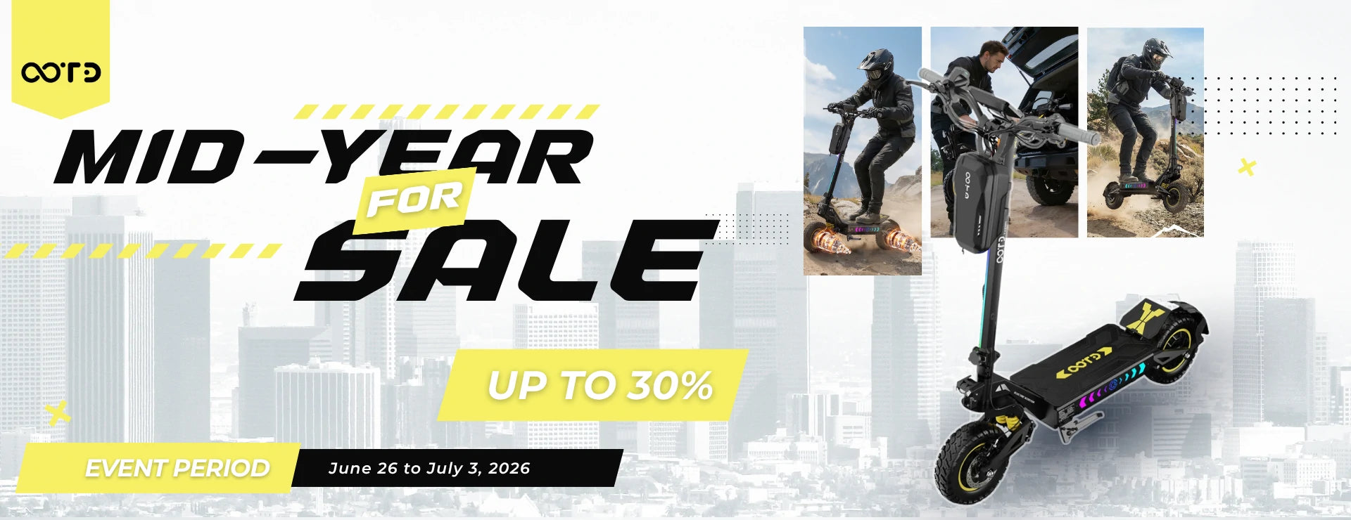 Wide marketplace banner Mid-Year For Sale for OOTD rugged electric scooter, up to 30 percent off, lifestyle riding inset pictures, modern urban skyscraper backdrop